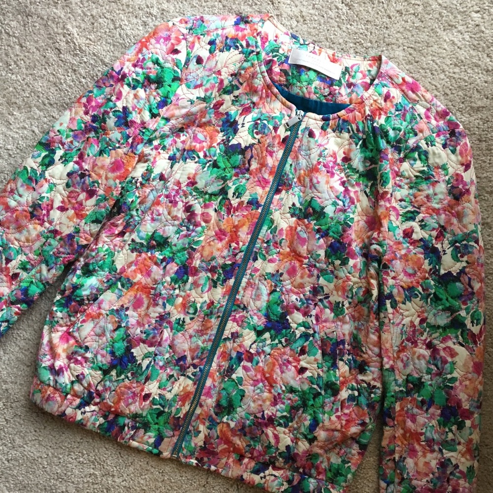 Zara Floral Cotton Quilted Bomber Jacket Size Medium Embroidered